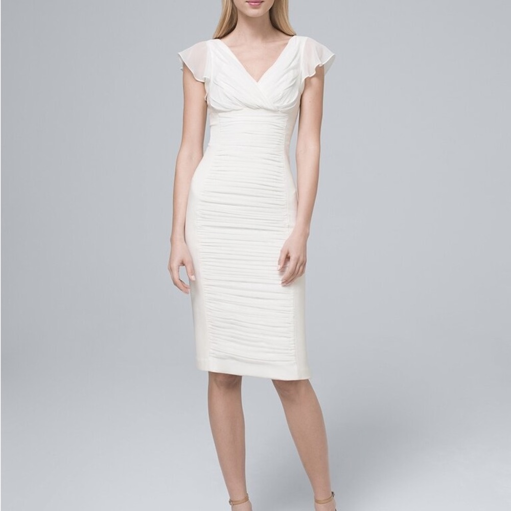 White House Black Market Ruched Flutter Sheath size 10 in Ecru